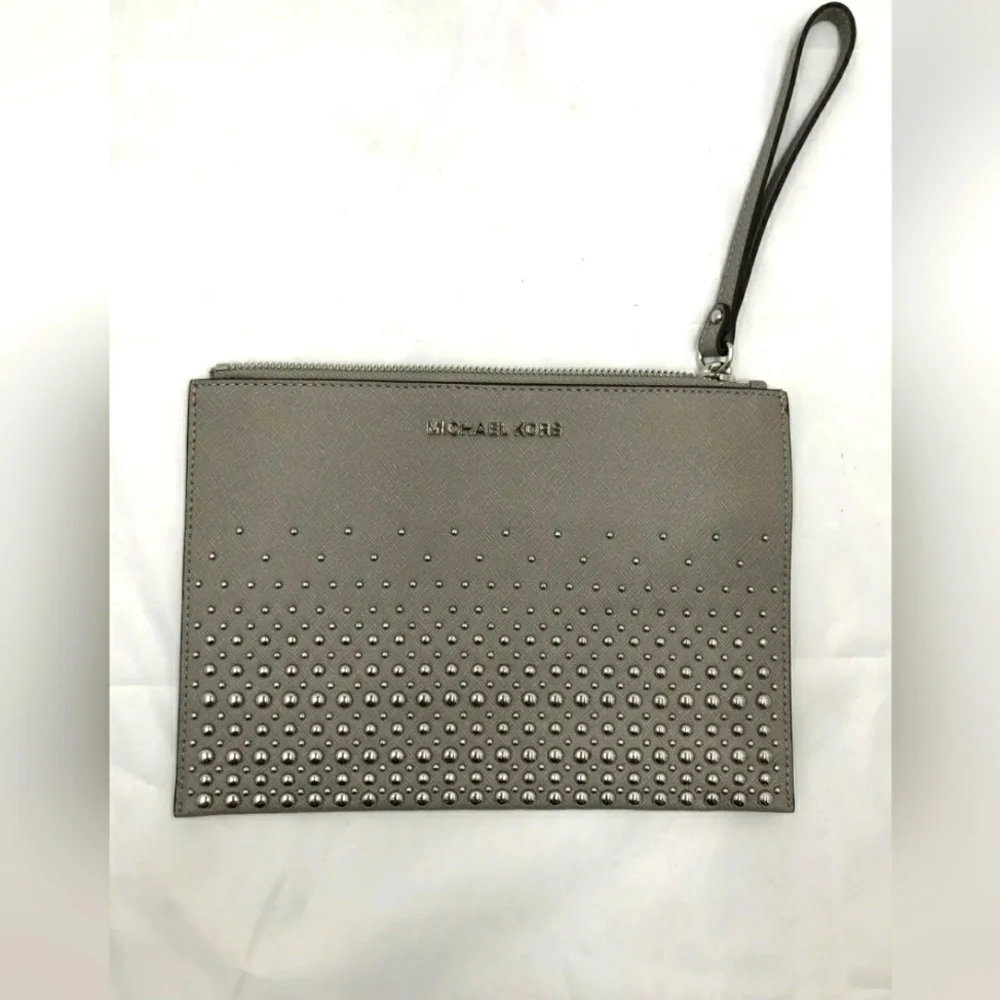 NEW Michael Kors MK Gray Studded Selma Clutch Purse Handbag